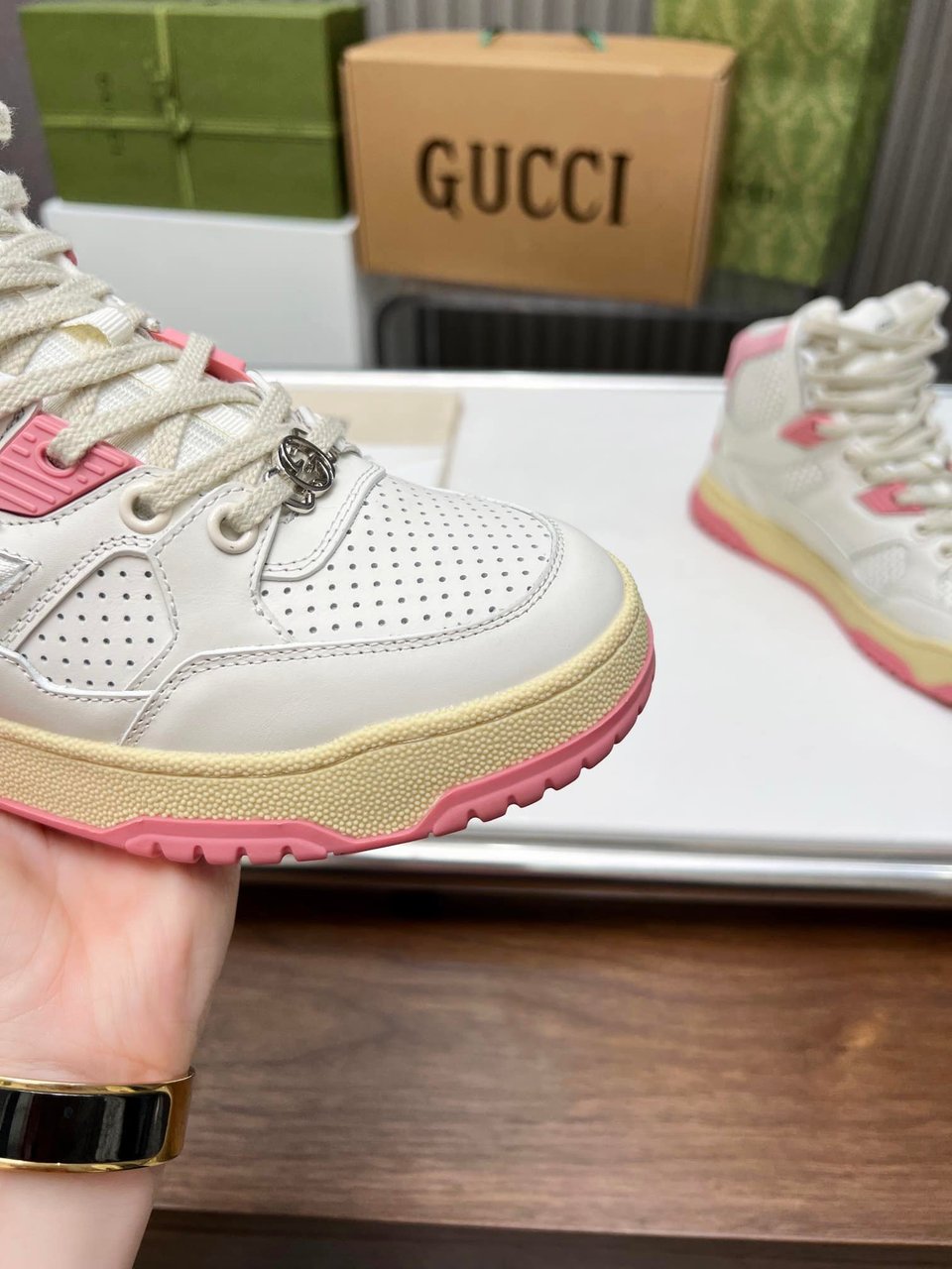 Gucci Women’S High Top Distressed Effect Sneaker Pink view 9