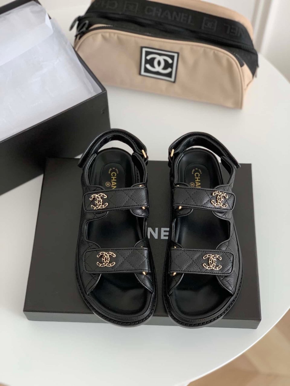 Chanel Cc Button Velcro Black Sandals Grained Calfskin Leather view 5