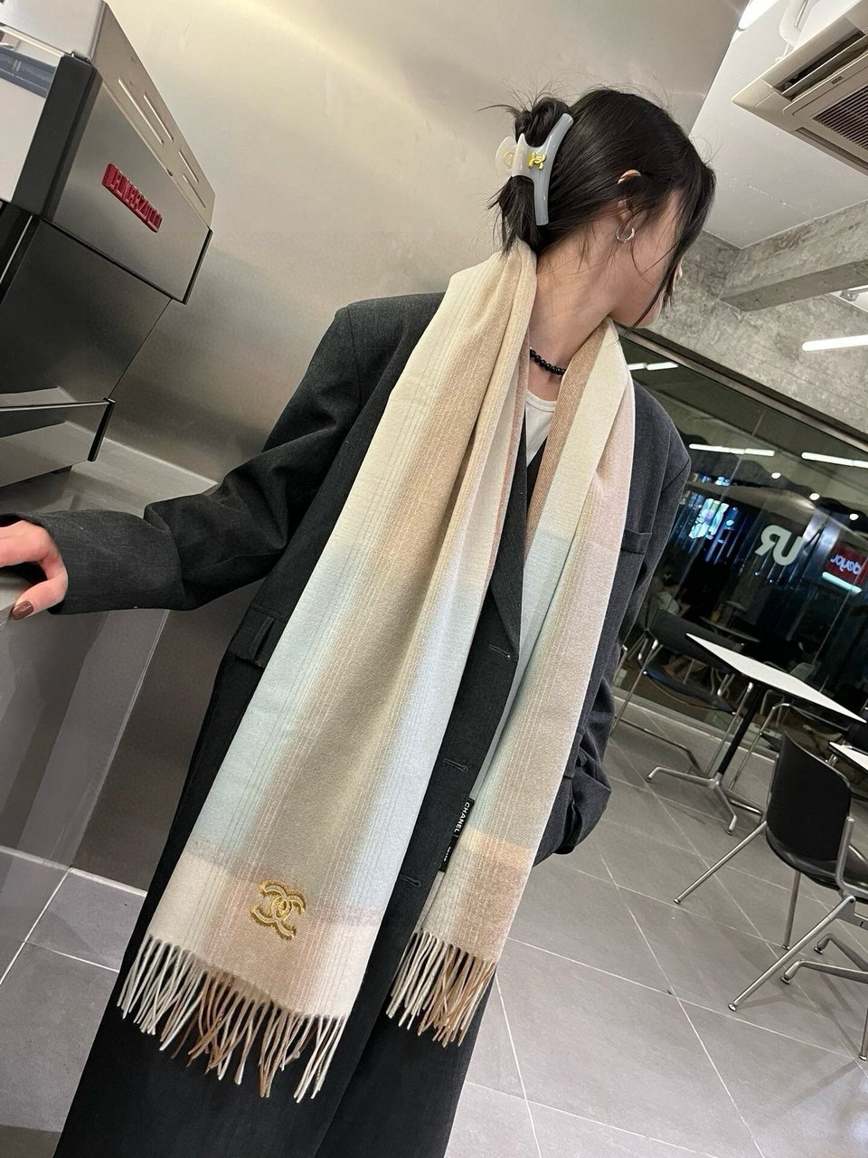 Chanel Cashmere Scarf Striped Beige For Women 190cm view 7