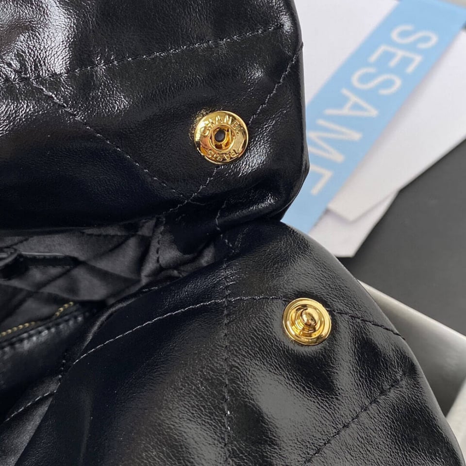 Chanel 22 Small Handbag Shiny Calfskin Black Gold view 11
