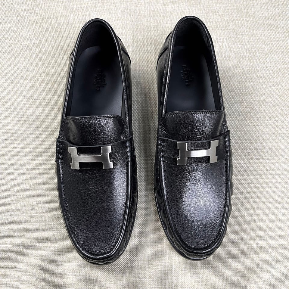 Hermès Iconic H Buckle Leather Loafers Black- Shoes for Men