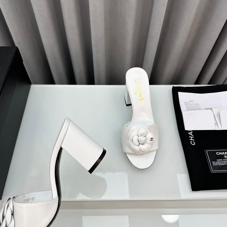 Chanel Camellia Medium Heel Slippers White view 10
