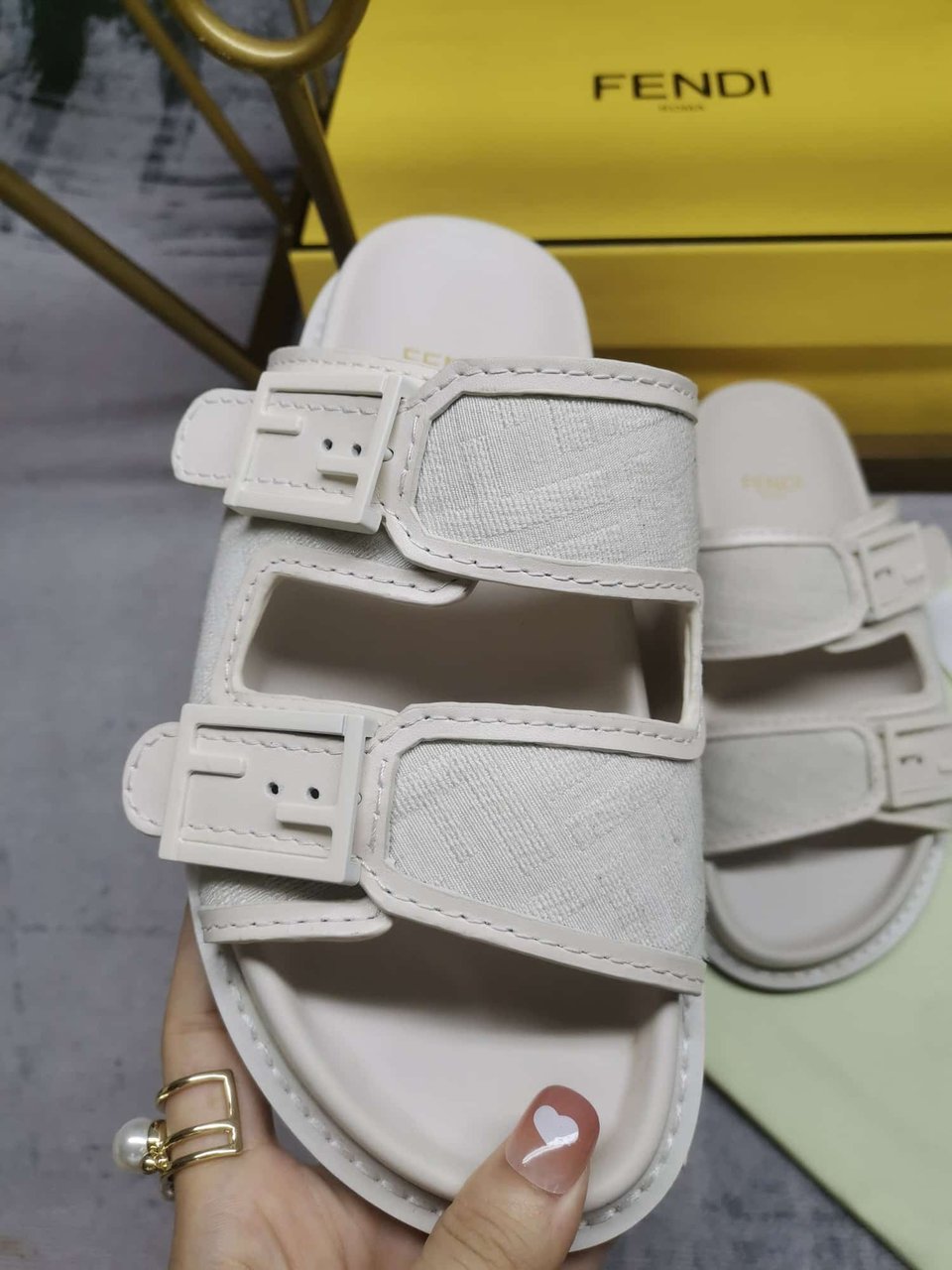 Fendi Feel Slides Unisex Ff Motif Fabric White view 6