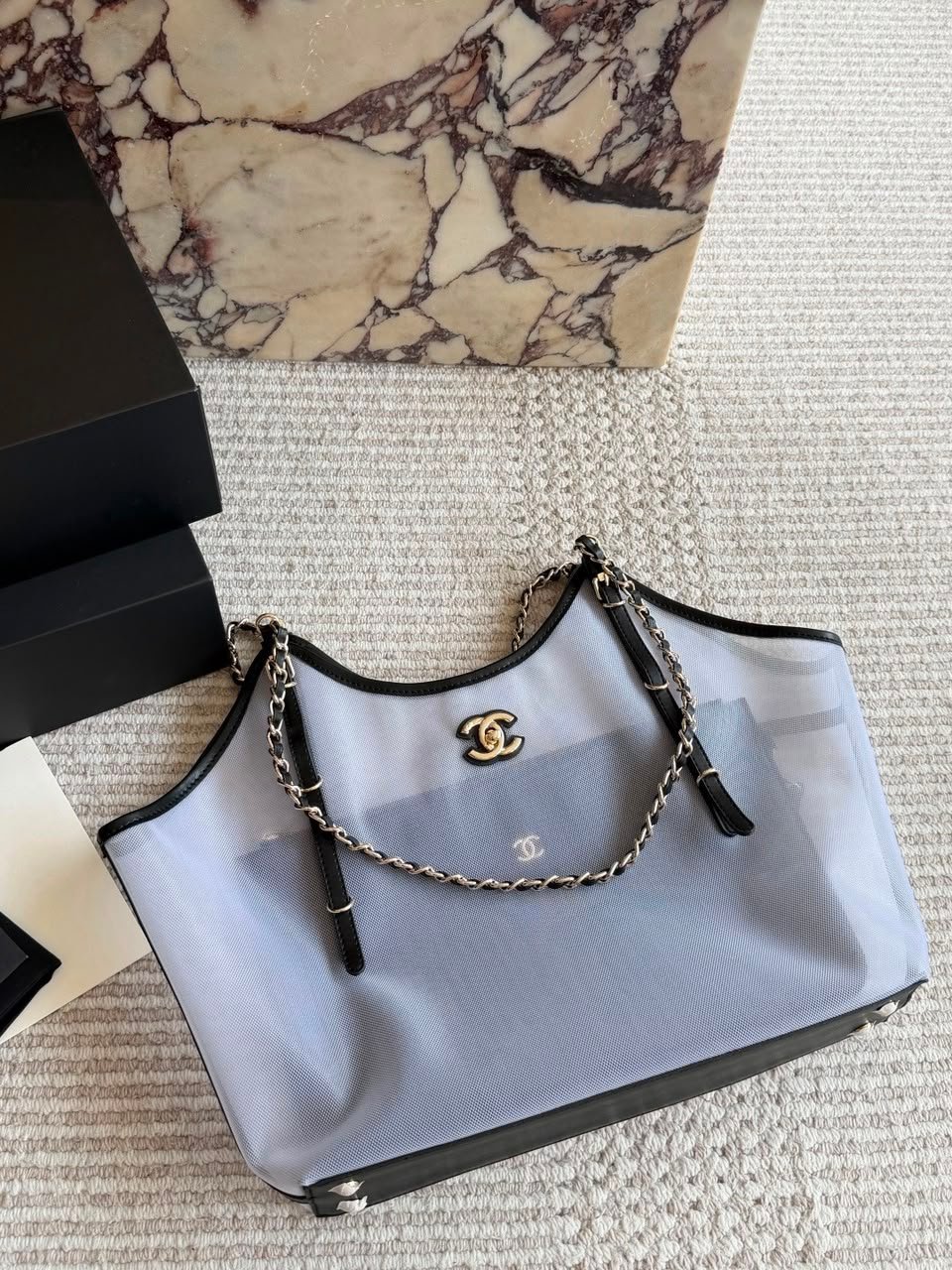 Chanel Small Tote Mesh, Calfskin &amp; Gold-Tone Metal Transparent &amp; Black 28cm/11in AS6015 view 3