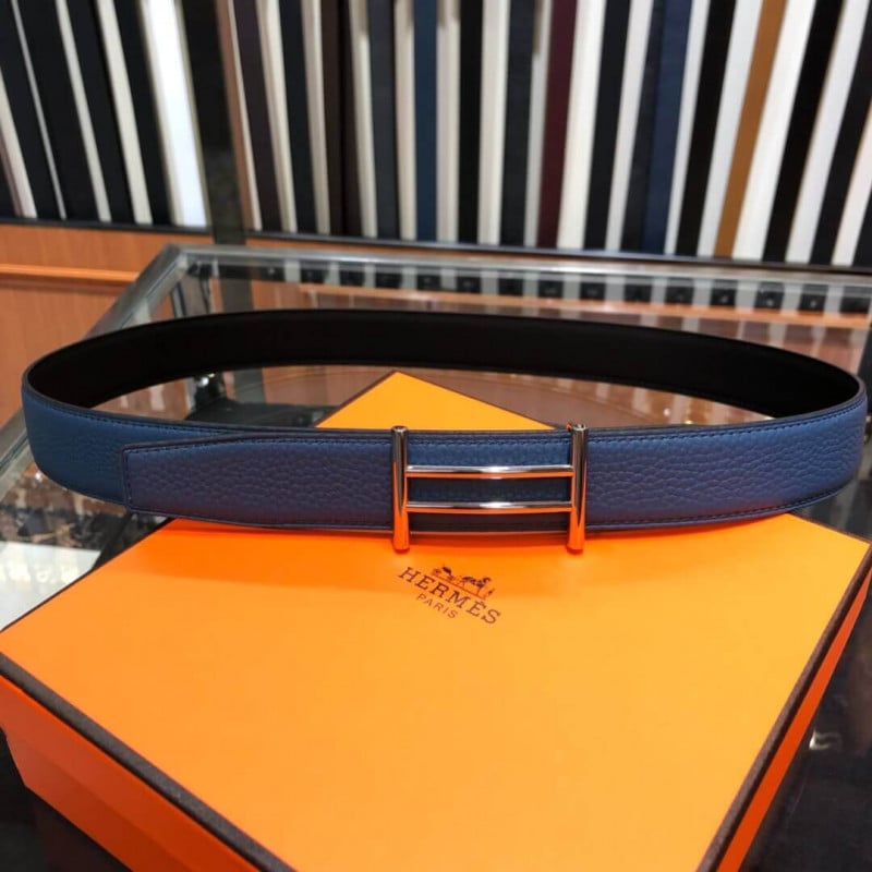 Hermes Rider Belt Buckle &amp; Reversible Leather Strap 40mm H075372 Blue/Black view 4