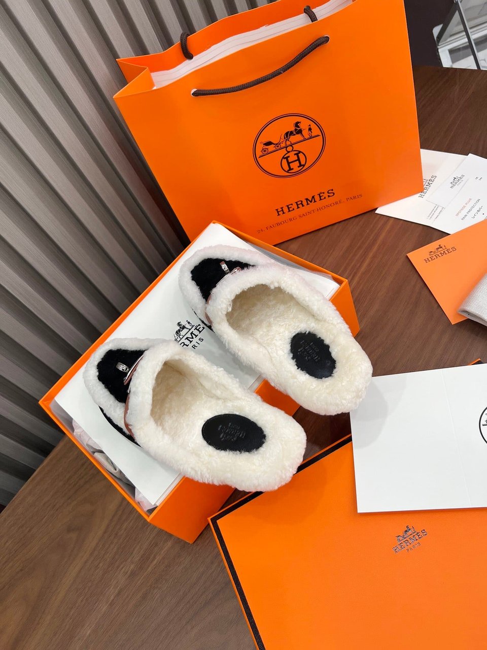 Hermes Oz Mule Shearling Black White view 5