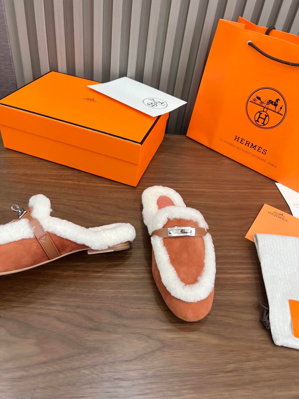 Hermes Oz Mule Shearling Brown White view 5
