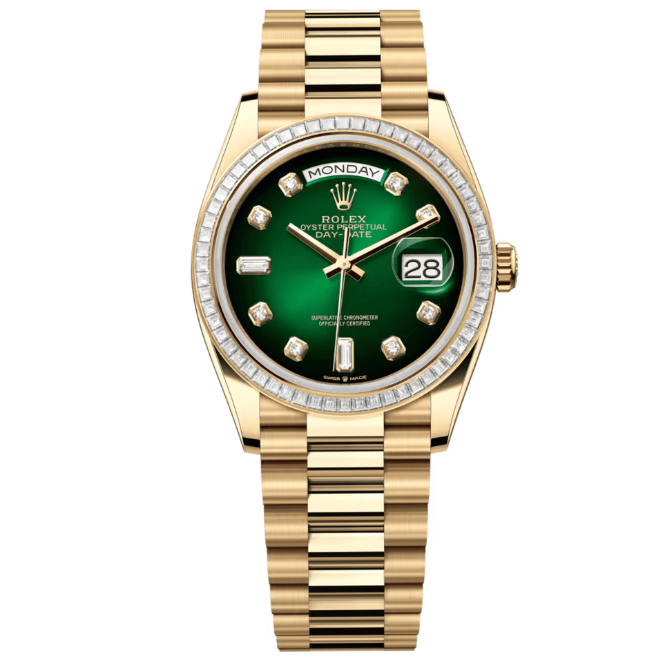 [SUPER CLONE] Rolex Yellow Gold Day-Date Diamond Bezel Onyx Green Dial President Bracelet 36mm view 2