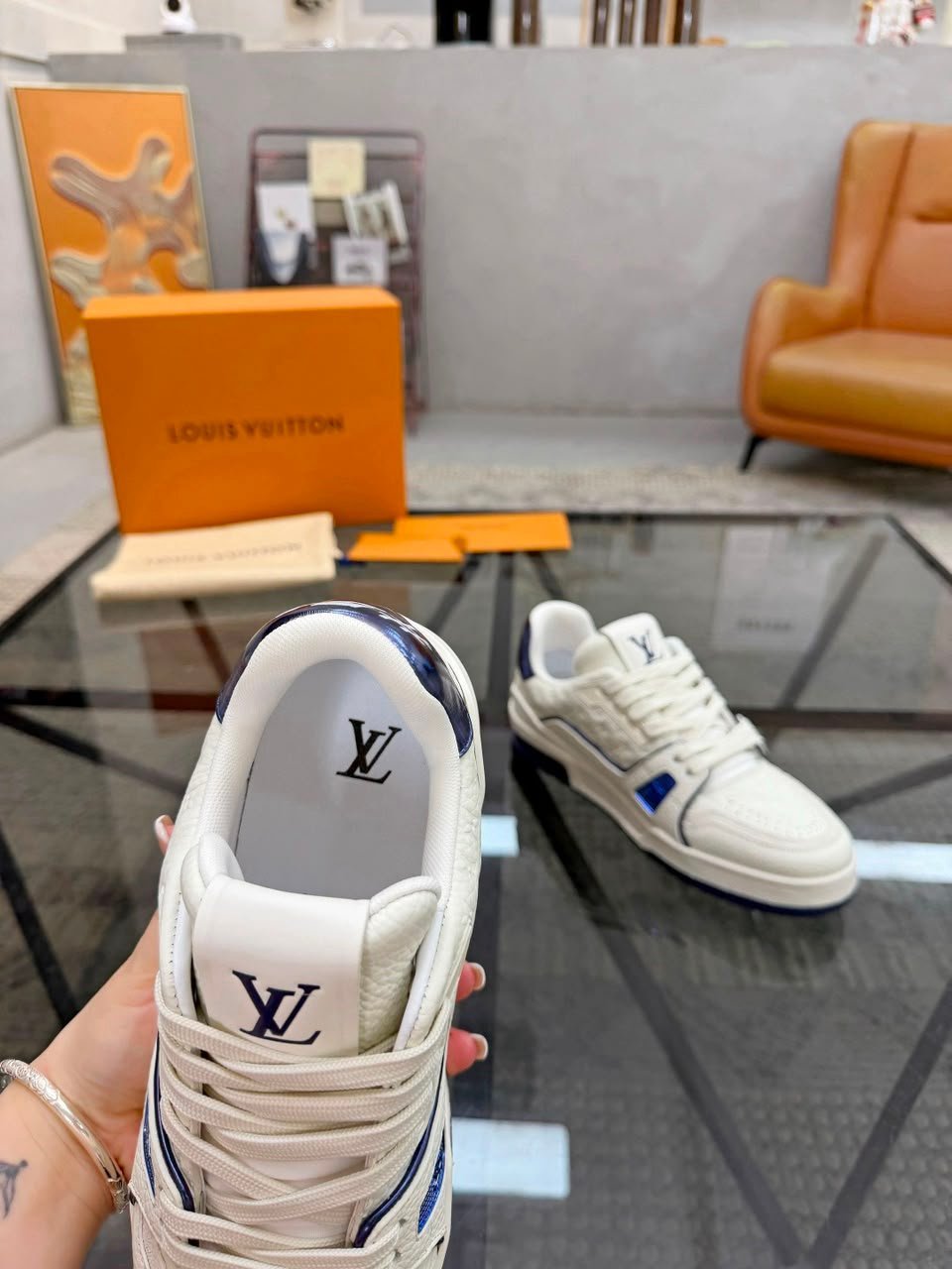 Louis Vuitton Trainer Sneaker Navy Blue Monogram-debossed Grained Calf Leather 1AKCLX view 4