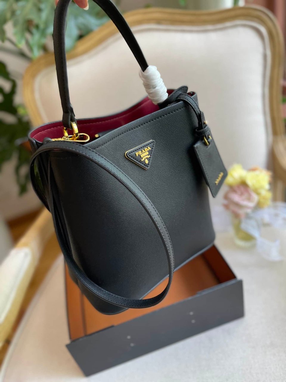 Prada Medium Saffiano Leather Panier Bag Black view 4