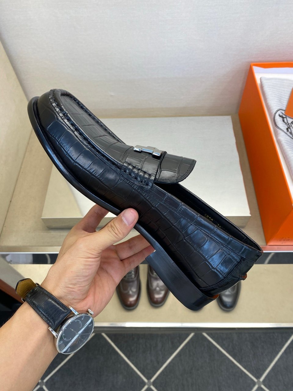 Hermès Iconic H Buckle Alligator Leather Loafers Black- Shoes for Men view 4
