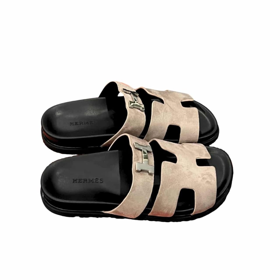 Hermes Chypre Sandal Suede H Logo Silver Hardware Light Brown view 2