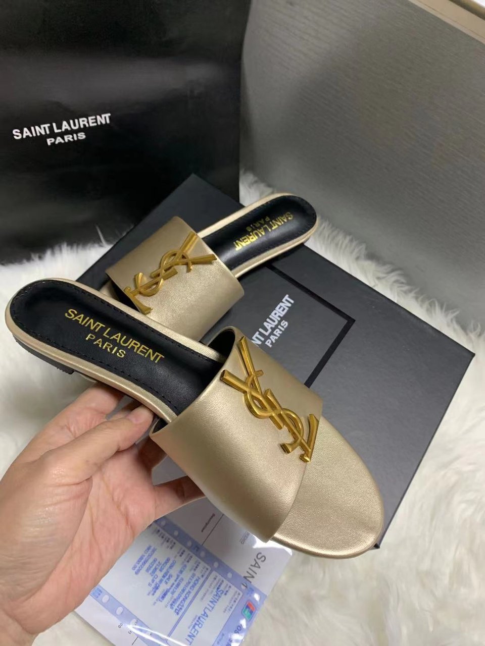 Saint Laurent Logo Slippers Metallic view 5