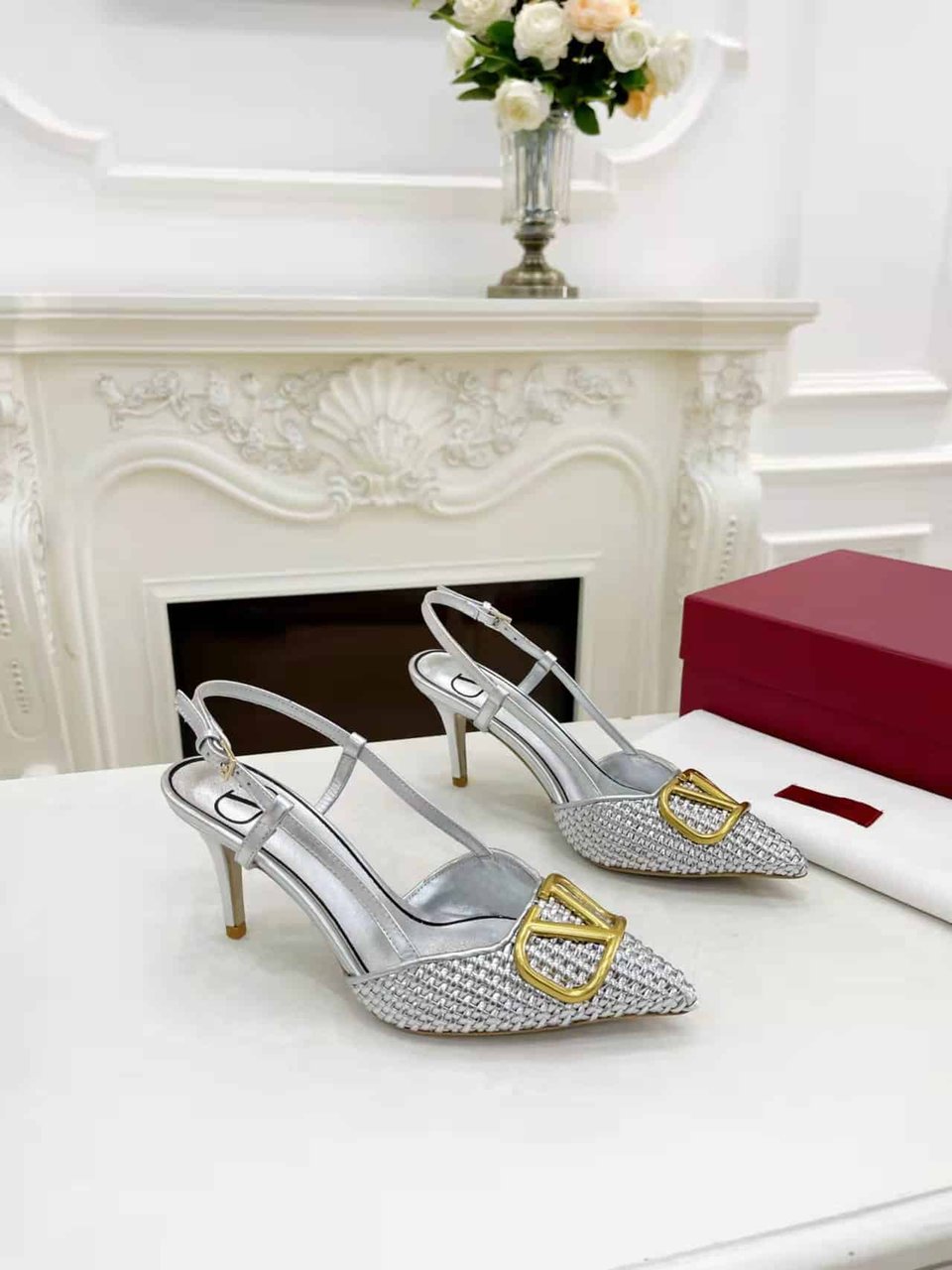 Valentino Garavani Vlogo Woven Leather Slingback Pumps Silver view 3