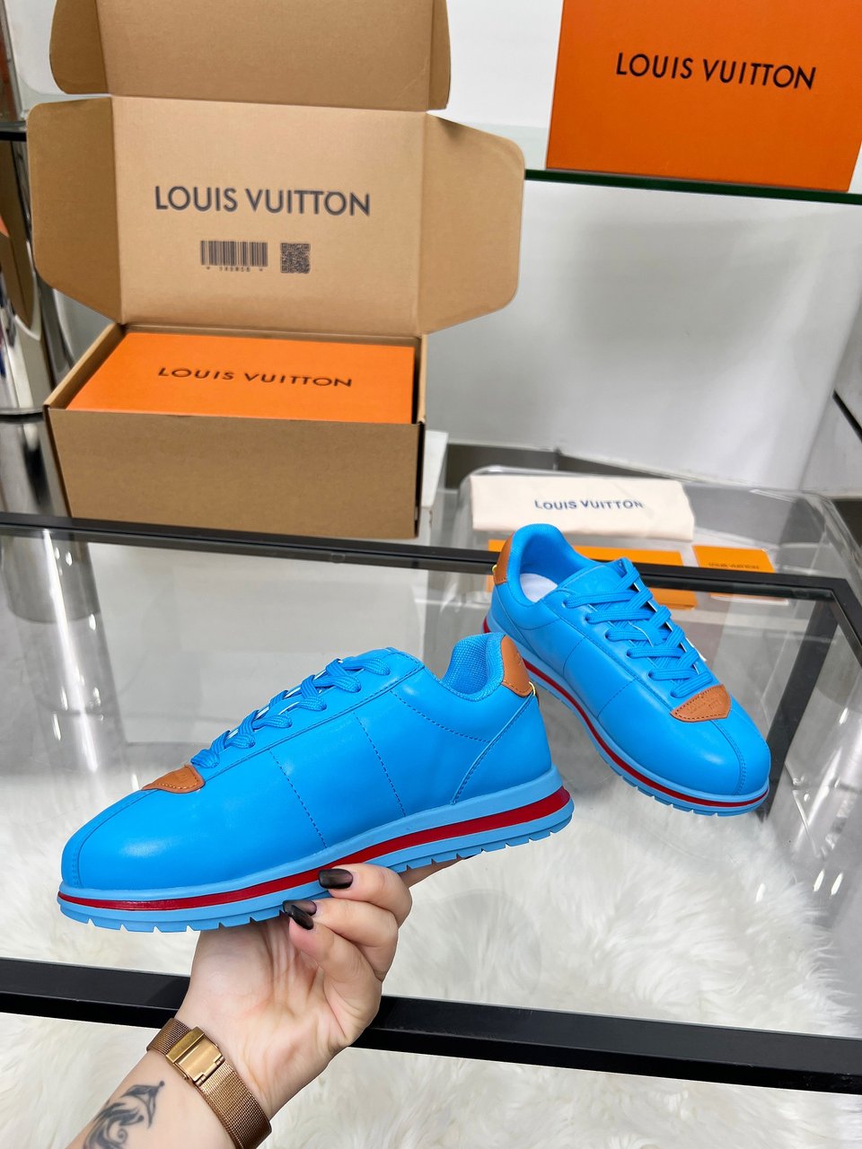 Louis Vuitton LV Trainer Sneaker Blue &amp; Pink – Red Stripe Sole – Women’s Shoes view 8