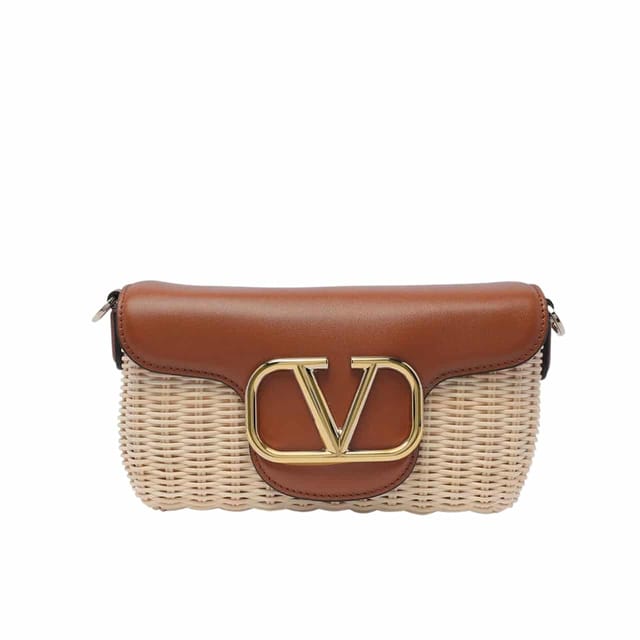 Valentino Loco Vlogo Flap Straw Shoulder Bag Brown 18Cm