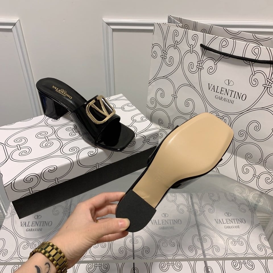 Valentino Vlogo Signature Square Toe Middle Heel Black Slide Sandal view 5