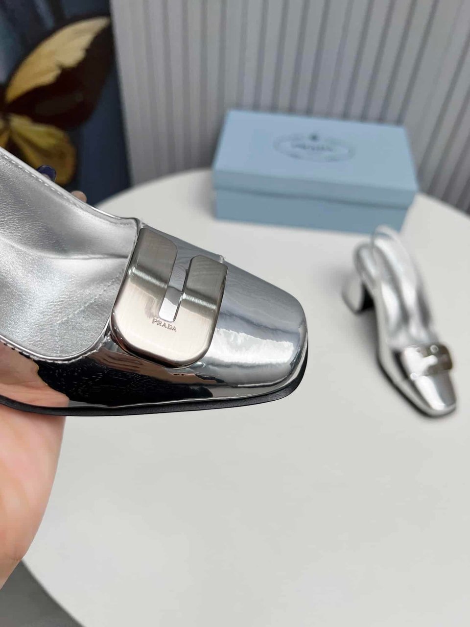 Prada Leather Slingback Pumps Silver view 8