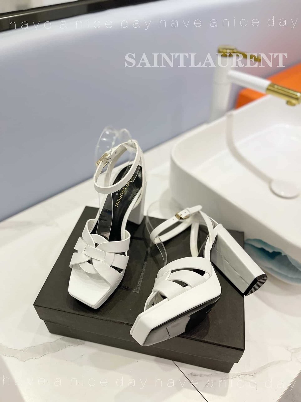 Saint Laurent Tribute Platform Sandals In Smooth Leather White view 5