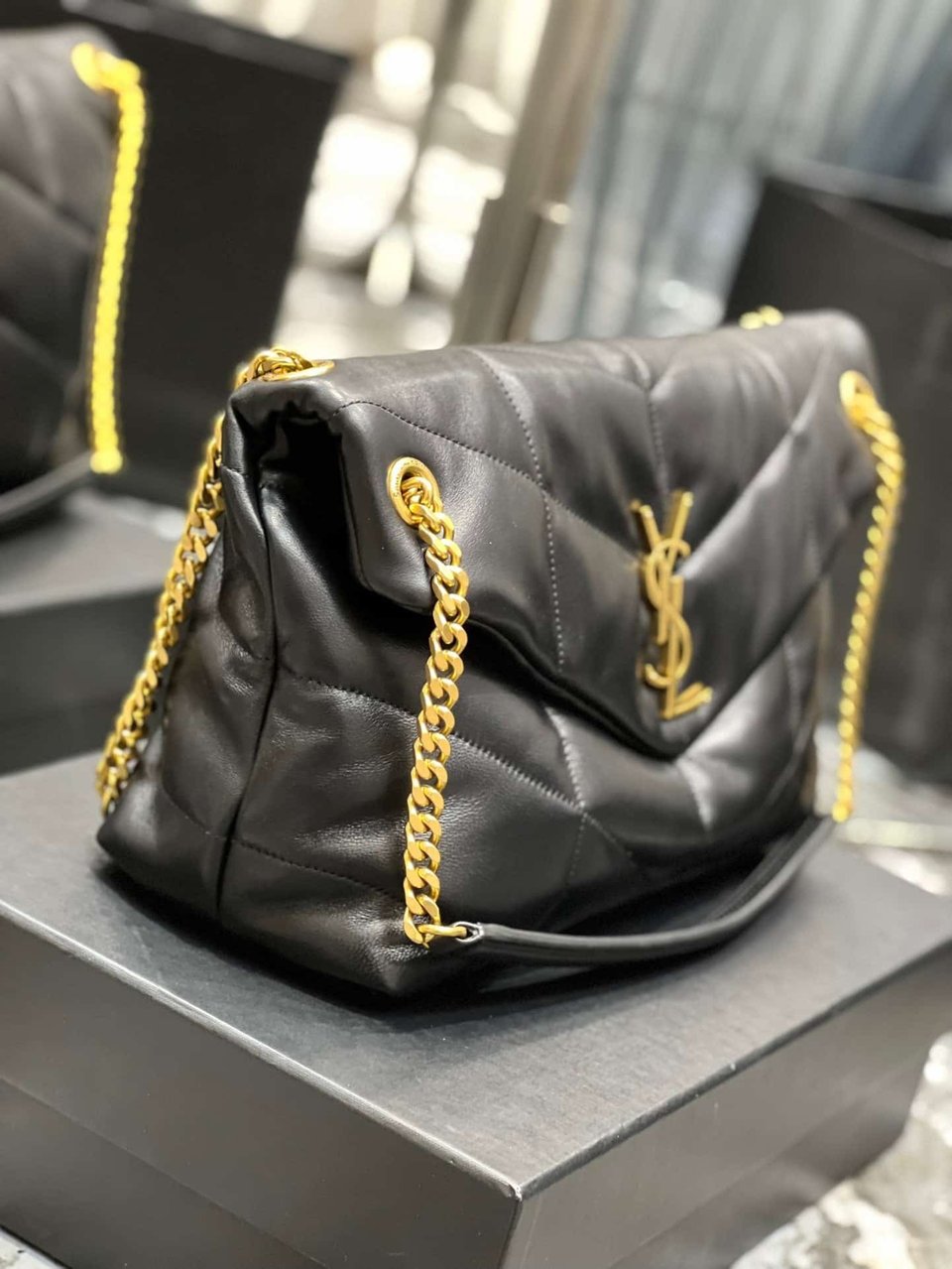 Saint Laurent Puffer Medium Chain Bag In Quilted Gold Toned Metal view 5