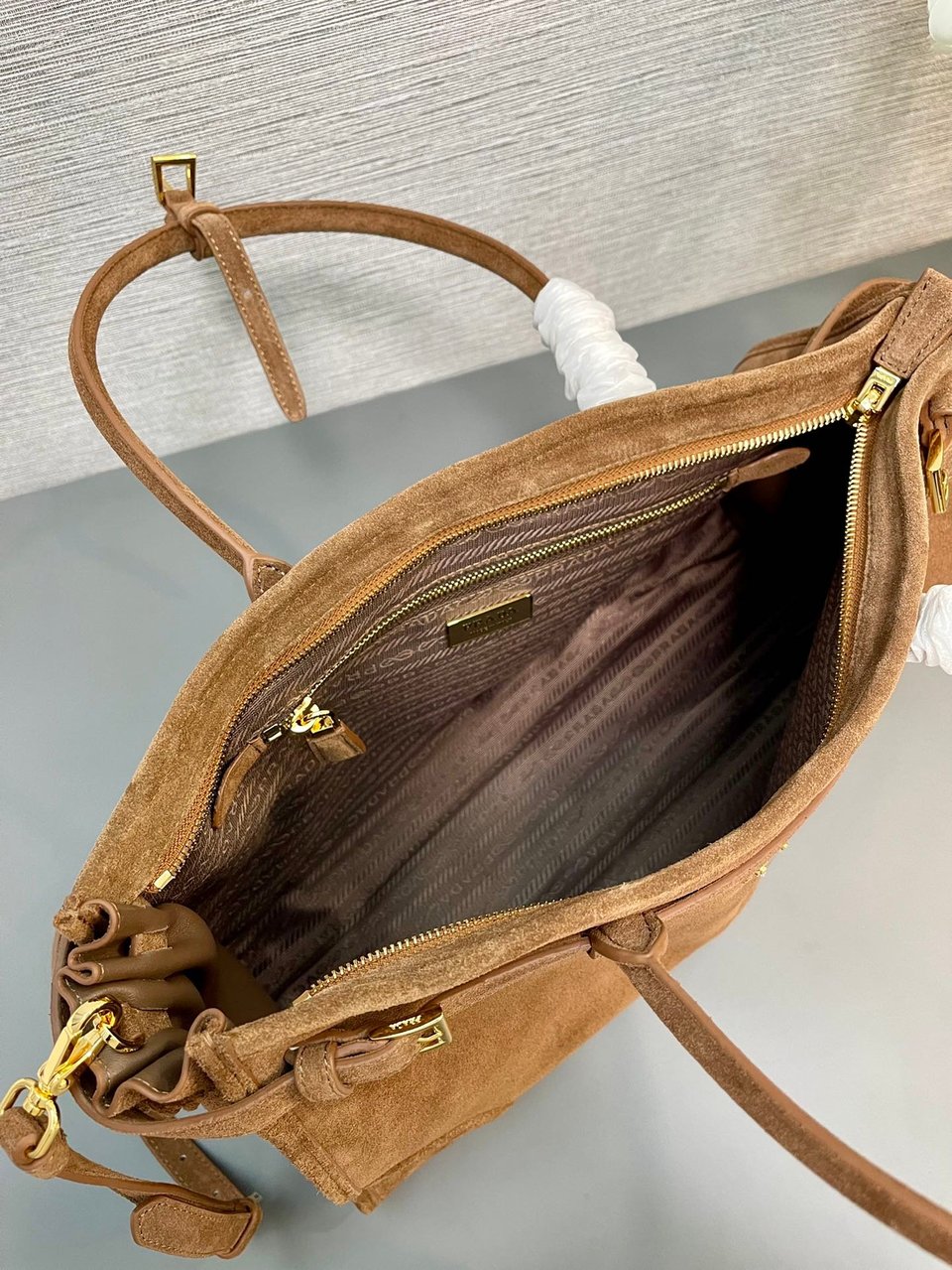 Prada Bonnie Large Suede Handbag Cocoa Brown 38cm view 10
