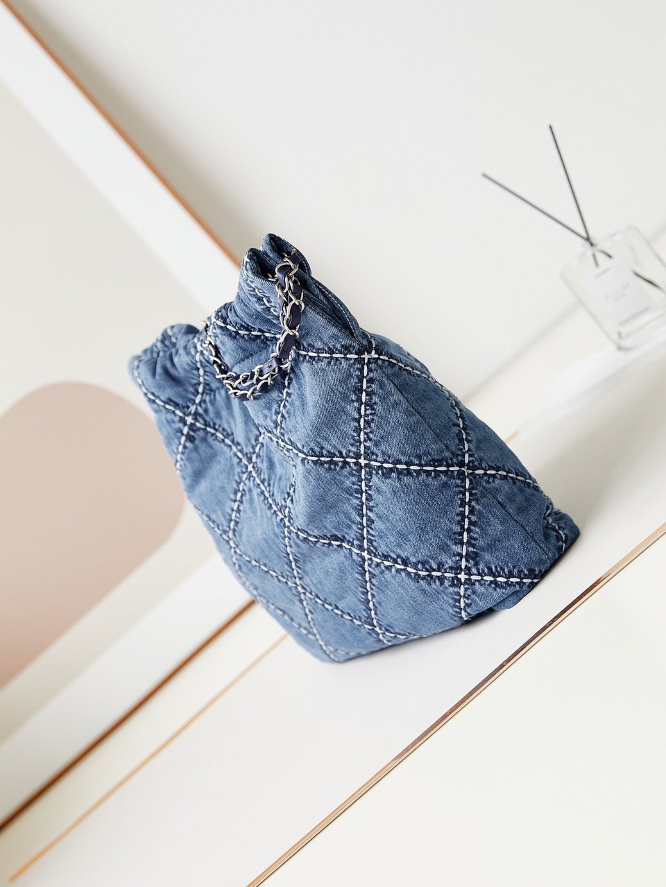 Chanel 22 Hobo Stitched Blue Denim Silver Hardware view 7