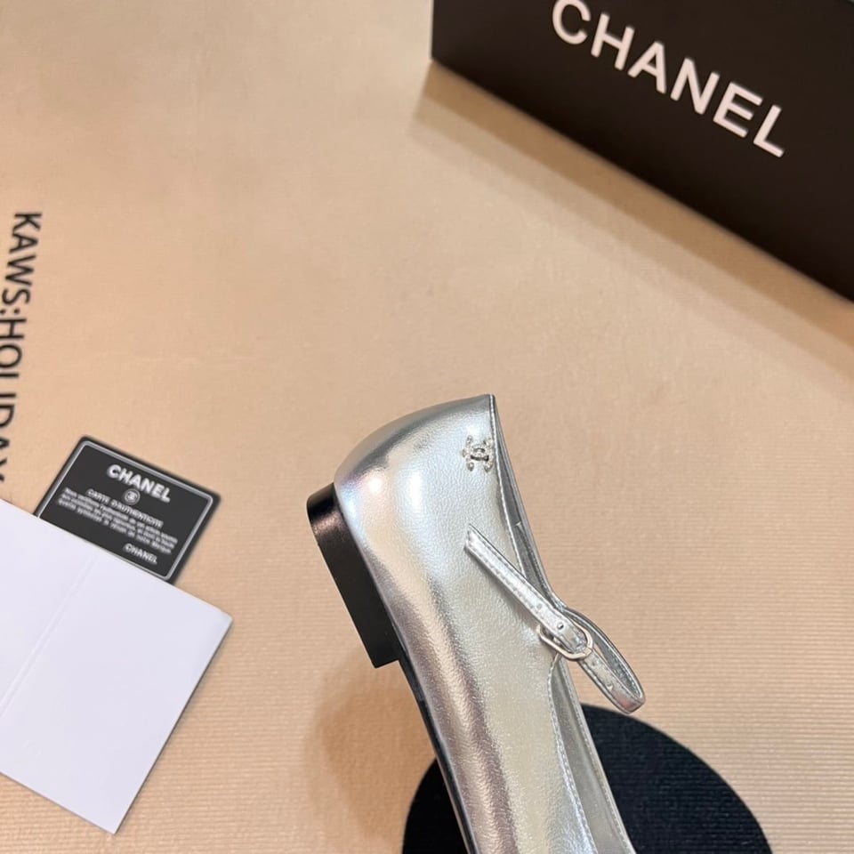 Chanel Square Toe Ballet Flats Black Silver view 6