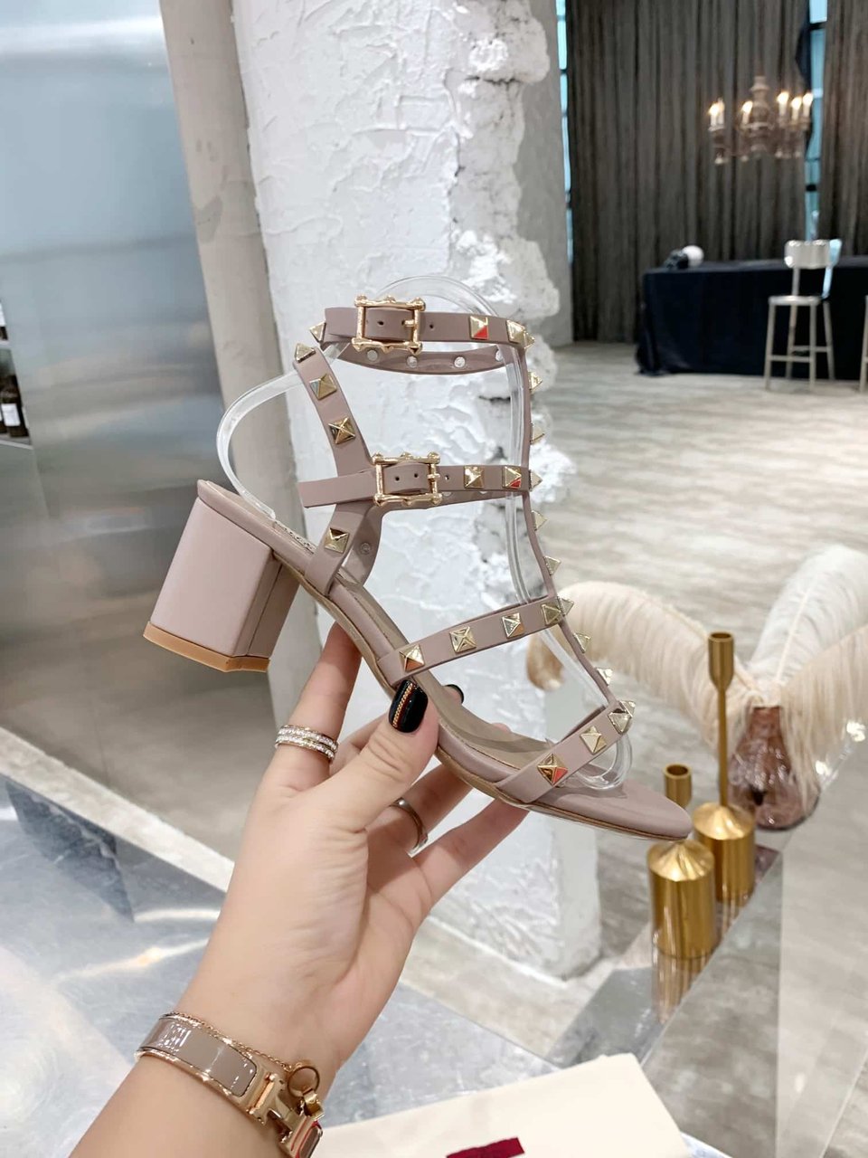 Valentino Garavani Rockstud Leather Sandals Beige view 10