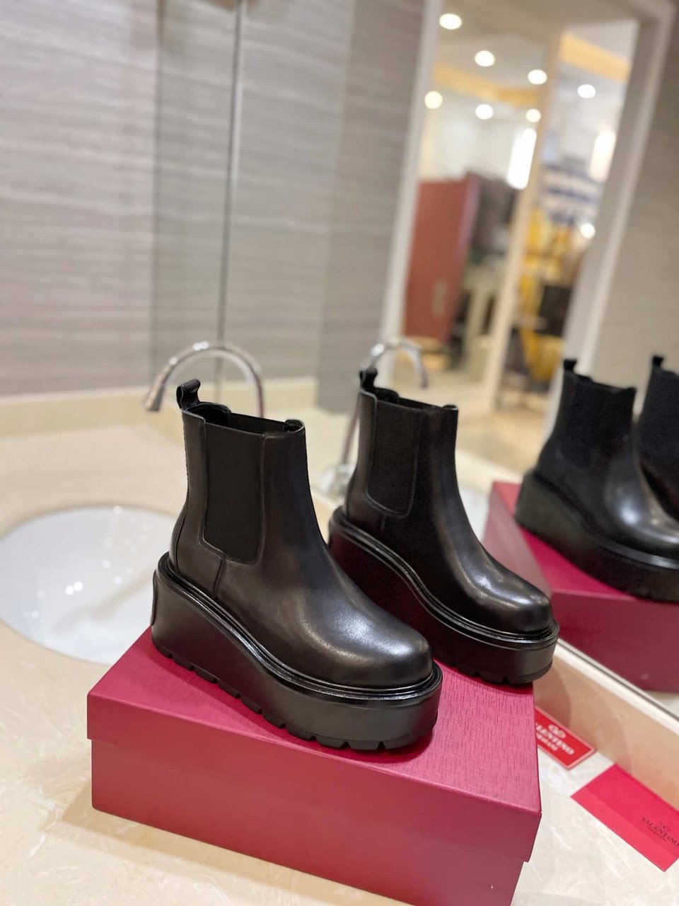 Valentino Garavani Uniqueform V Logo Leather Platform Boots Black view 11