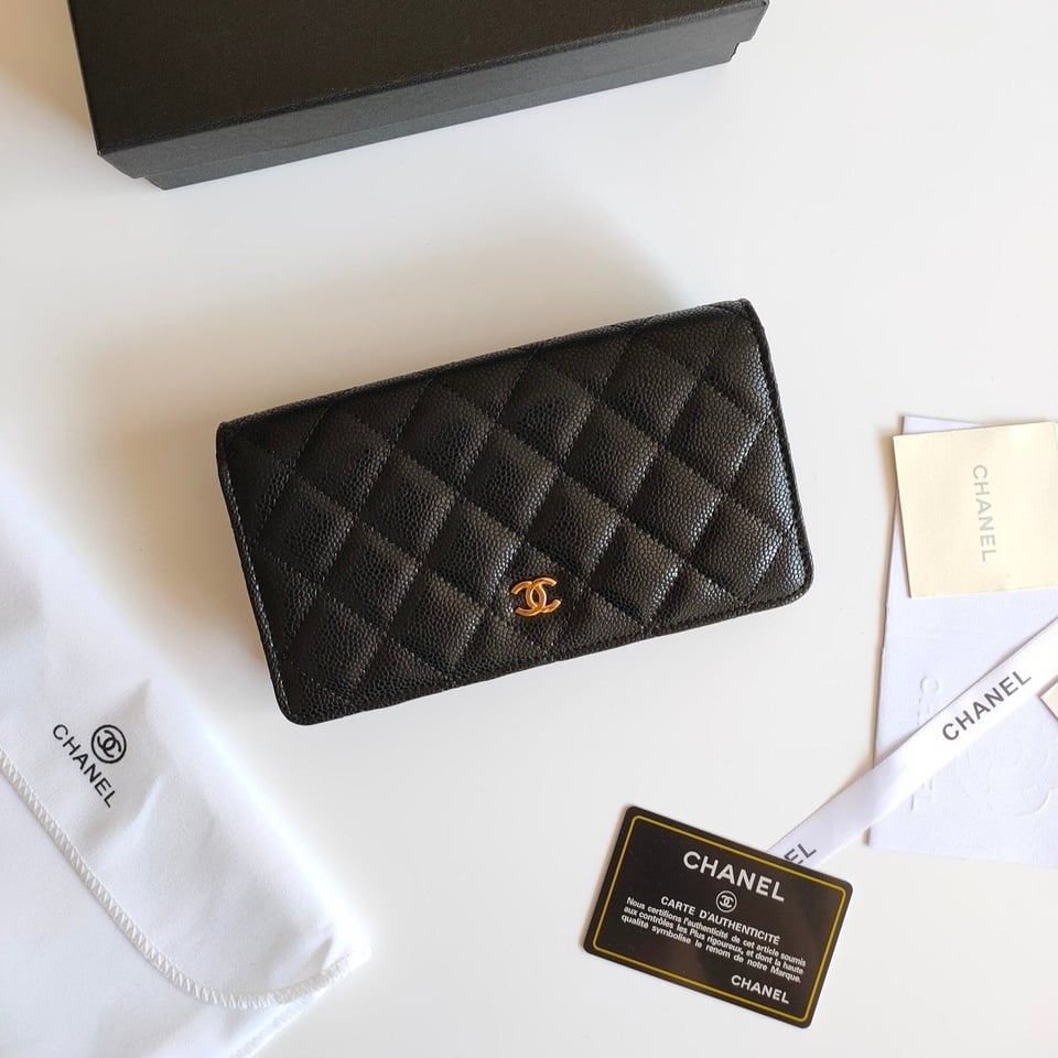 Chanel Zipped Long Purse 19 Black Grained Calfskin Gold Icon