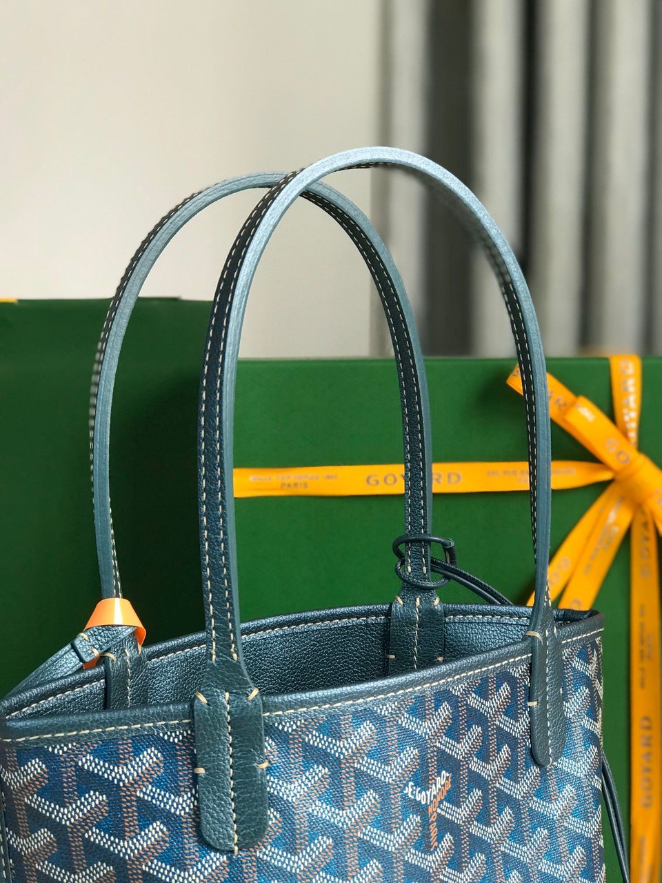 Goyard Anjou Mini Bag 20Cm Deep Blue Canvas Chevroches Calfskin view 8