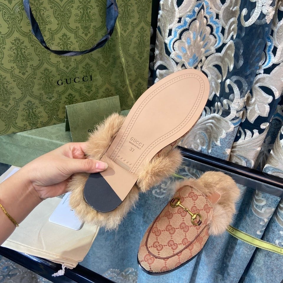 Gucci Princetown Lamb Fur Slippers Rust Natural view 9