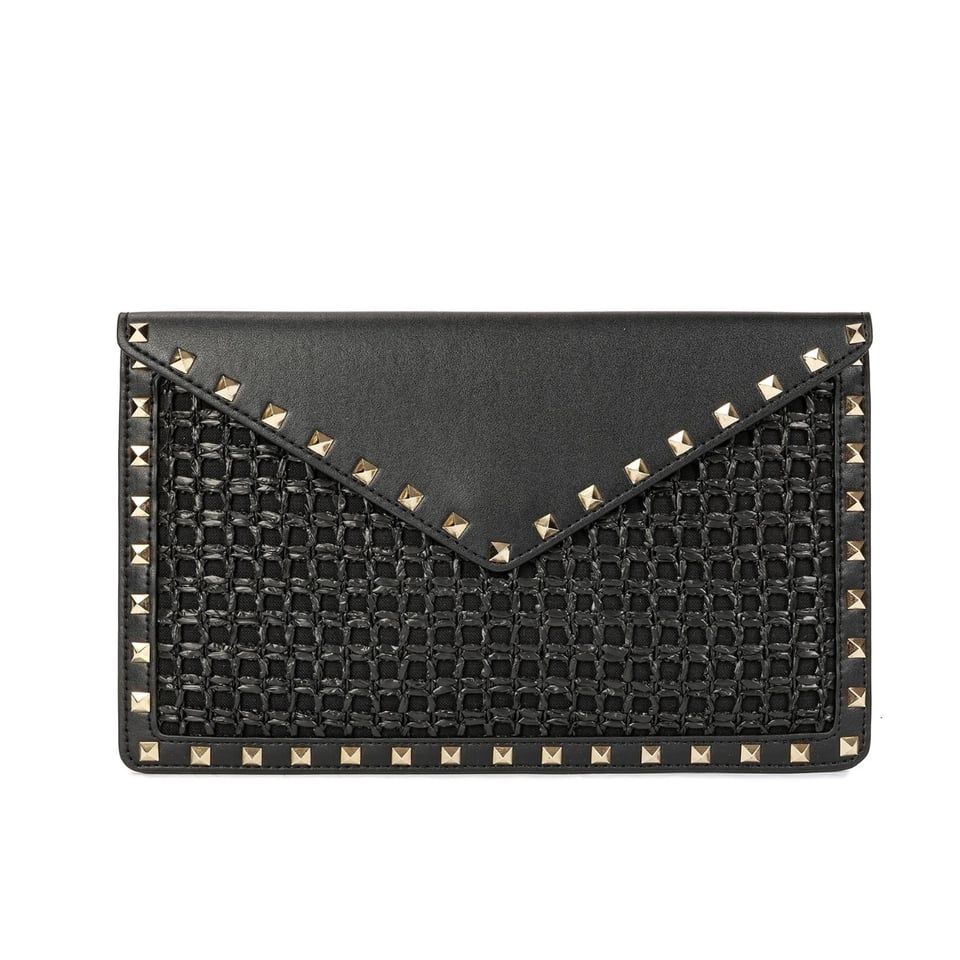 Valentino Garavani Rockstud Raffia Clutch Bag In Black 28Cm