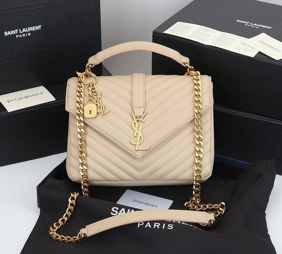 Saint Laurent Collège Medium Chain Bag In Quilted Leather Beige 24Cm view 11