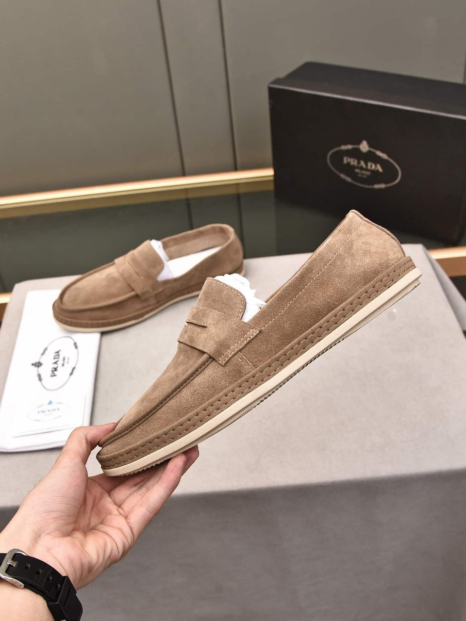 Prada Men’S Flat Loafers Suede Leather Brown view 3