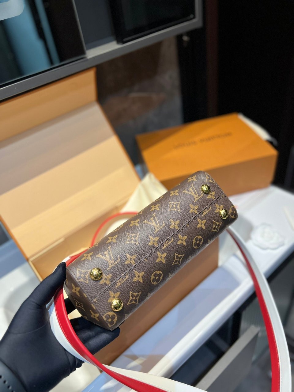 Louis Vuitton Cluny Brown Beige And Red Strap 25Cm view 7