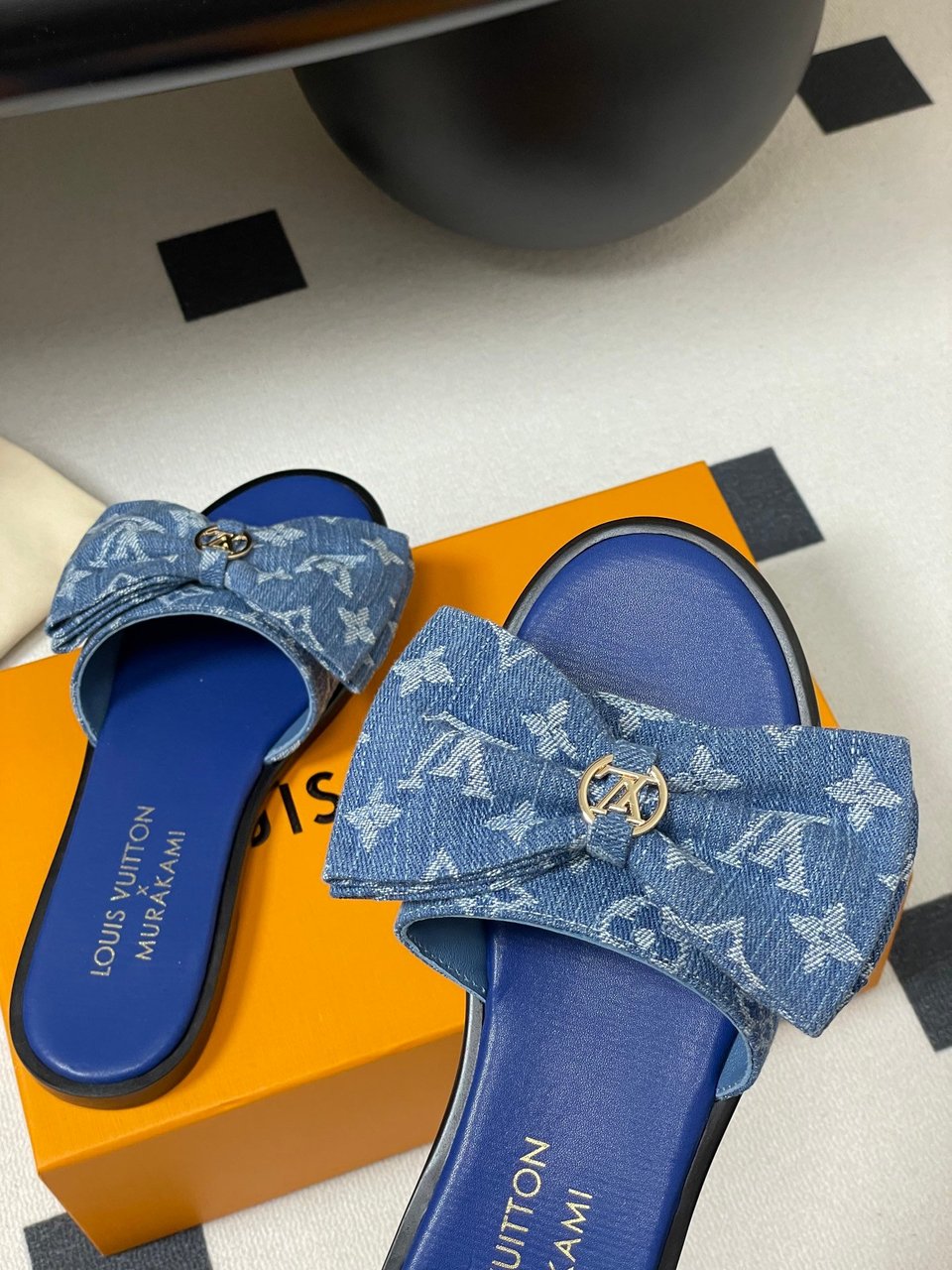Louis Vuitton x Takashi Murakami Lily Flat Mule Bow Slide Sandals Blue Canvas 1AGVYA view 6