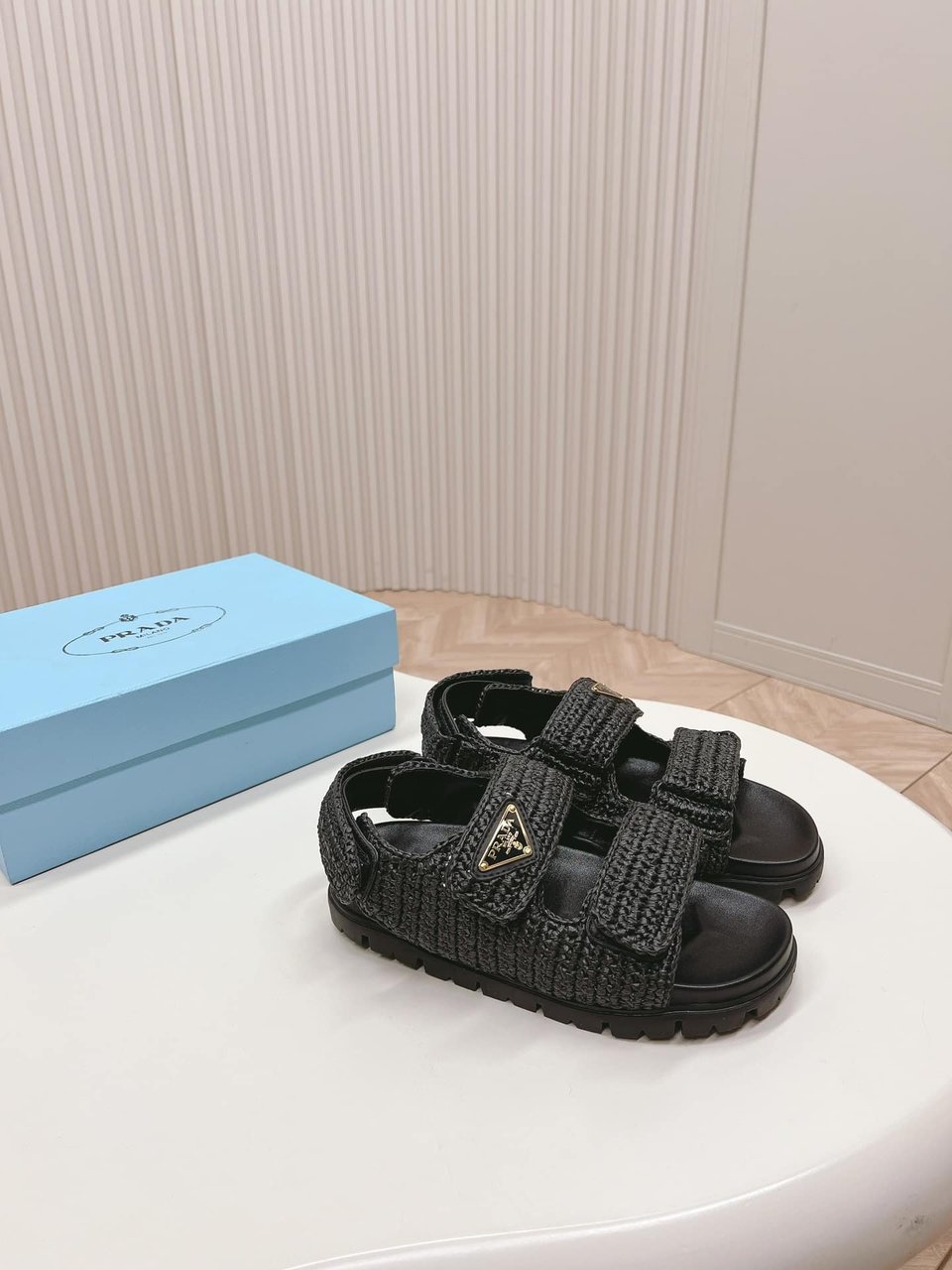 Prada Monolith Crochet Raffia Effect Sandals In Black view 9