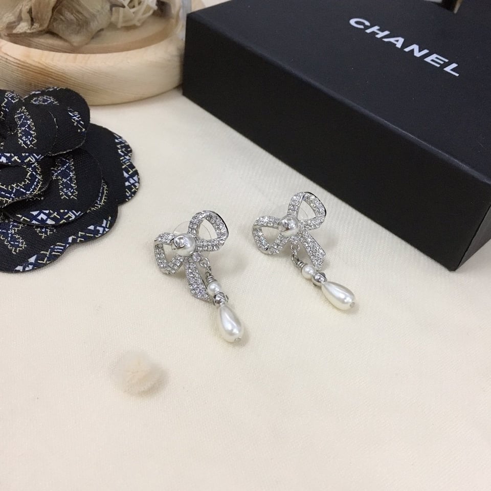 Chanel Bow Silver Pearl Earrings view 5