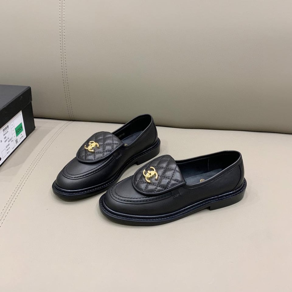 Chanel Quilted Leather Loafers Black with Gold CC Logo view 9