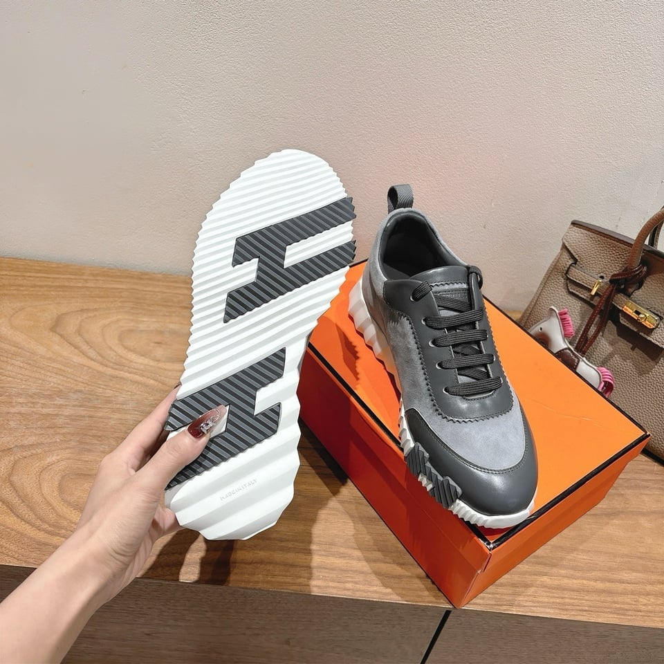 Hermes Bounce Sneakers In Suede And Calfskin Grey- Shoes for Men view 10