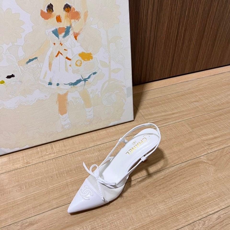 Chanel Cc Leather Pointy Toe Pumps Slingbacks Sandals White view 8