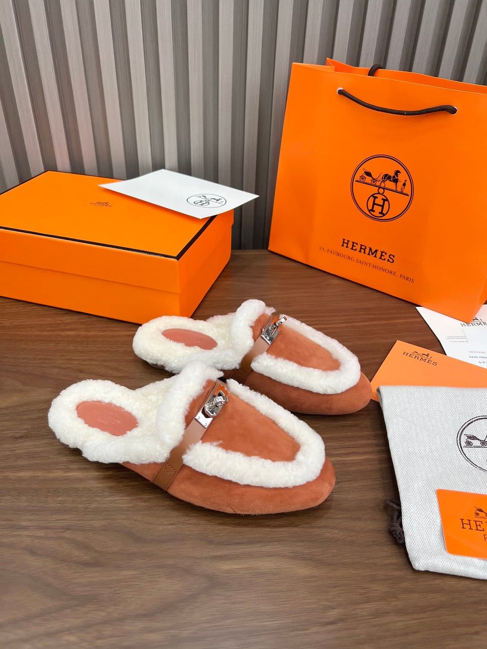 Hermes Oz Mule Shearling Brown White view 10