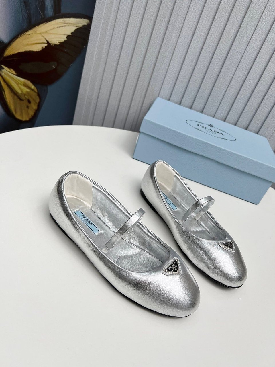 Prada Soft Padded Nappa Leather Ballerinas Silver view 11