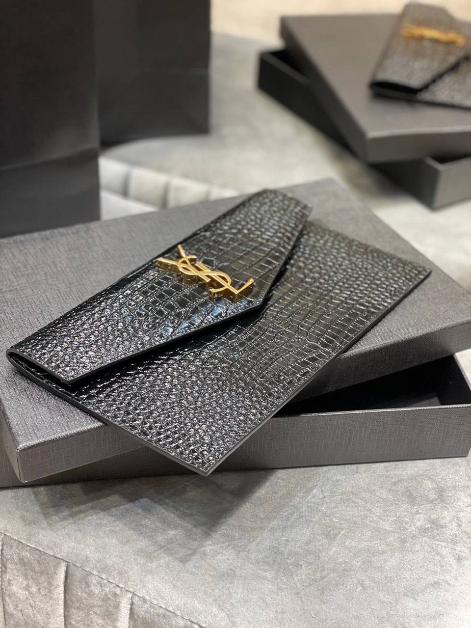 Saint Laurent Uptown Pouch In Crocodile Embossed Shiny Leather view 3
