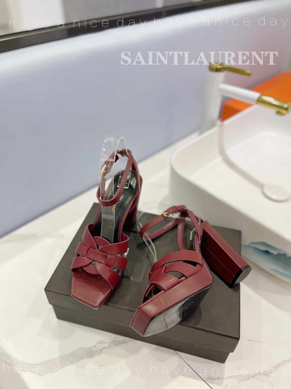 Saint Laurent Tribute Platform Sandals In Smooth Leather Burgundy view 8