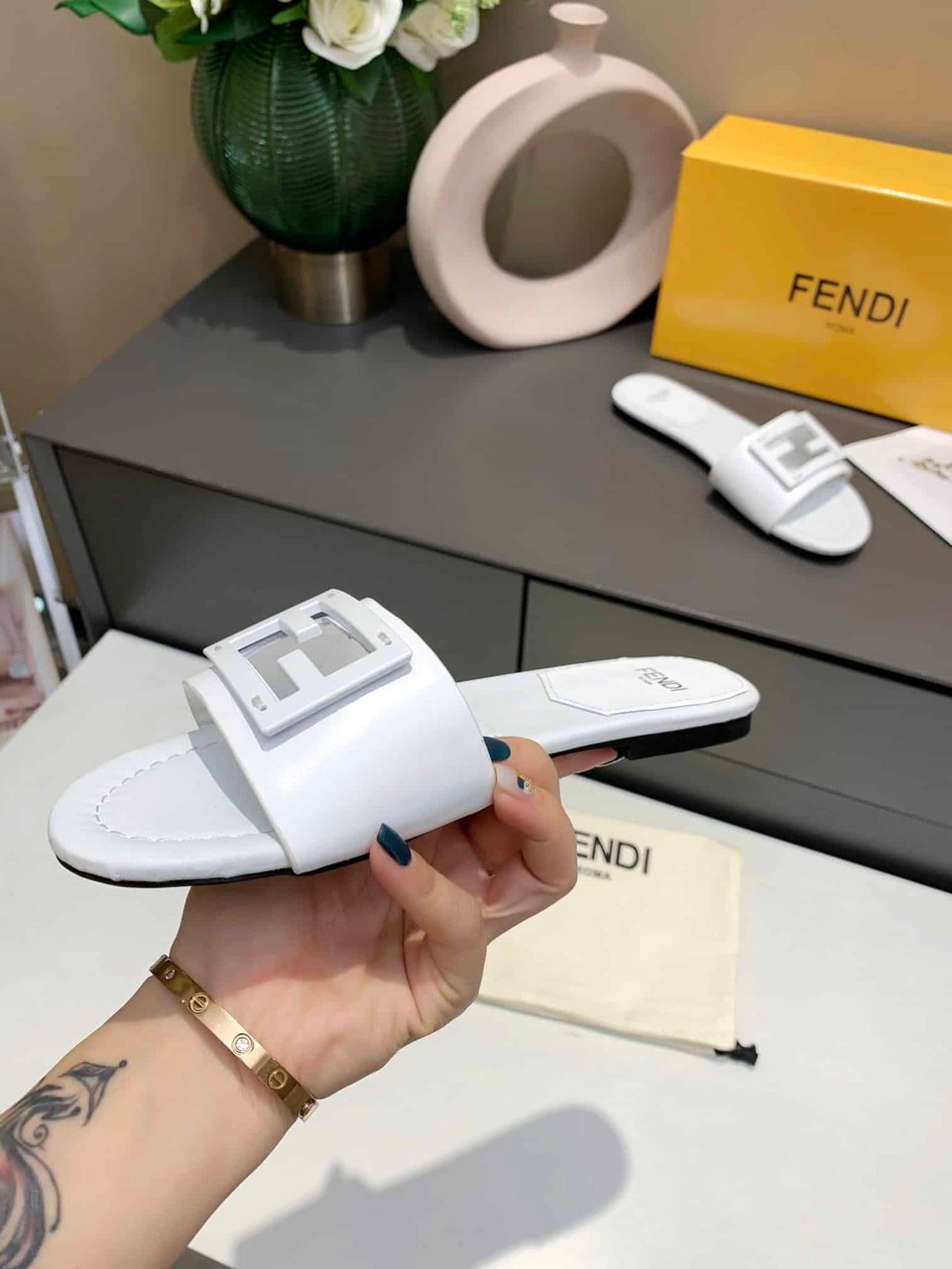 Fendi Signature Leather Sandals Slide White view 6