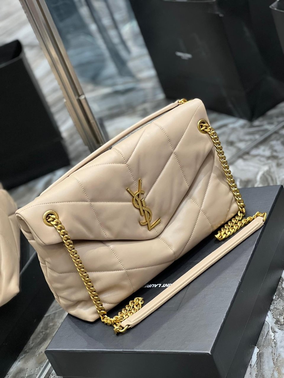Saint Laurent Puffer Medium Chain Bag In Quilted Beige view 10