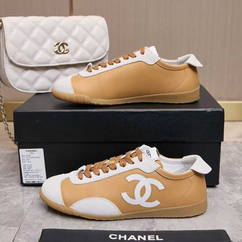 Chanel Calfskin Suede Sneakers with White CC Logo Beige Camel White &amp; Gum G39860 view 7