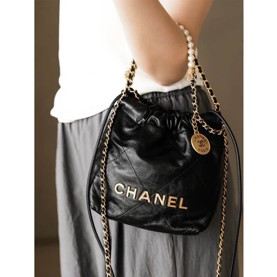 Chanel 22 Mini Bag Shiny Crumpled Calfskin with Pearl Chain view 6